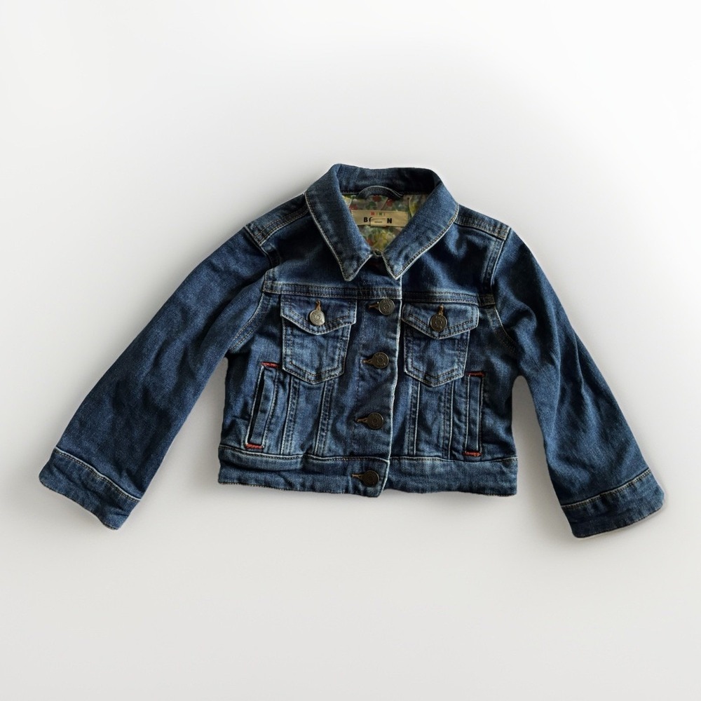 Mini Boden Kids Blue Denim Trucker Jacket Floral Lining G4161 Size 3-4Y‎
